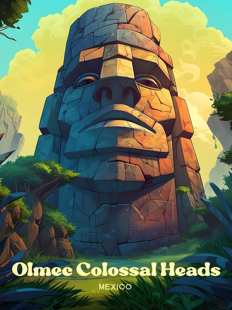 Olmec Colossal Heads Mexico Ancient Travel Illustration