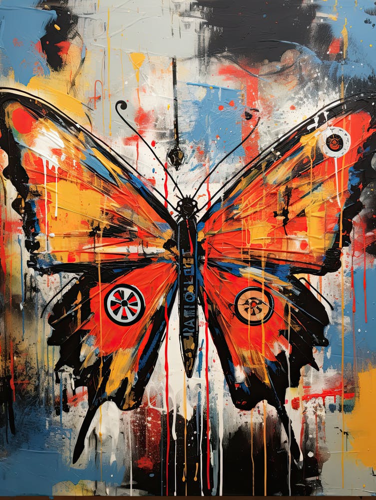 Orange Butterfly on multicolor background in Basquiat's Style