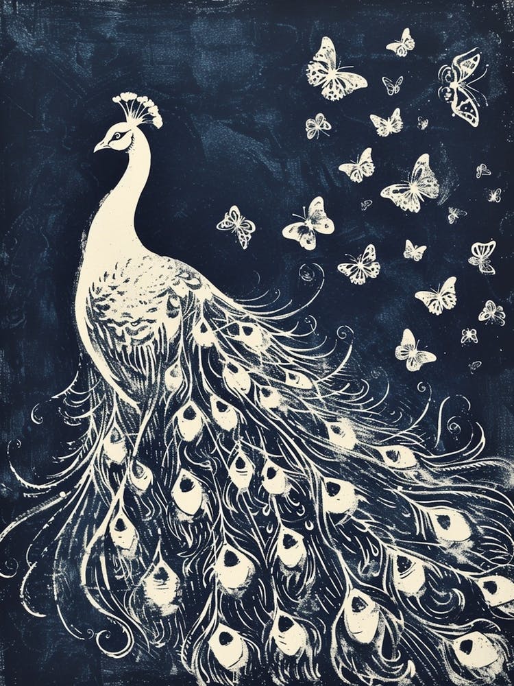 Cream & Navy Blue Peacock With Butterflies Linocut Inspired  1