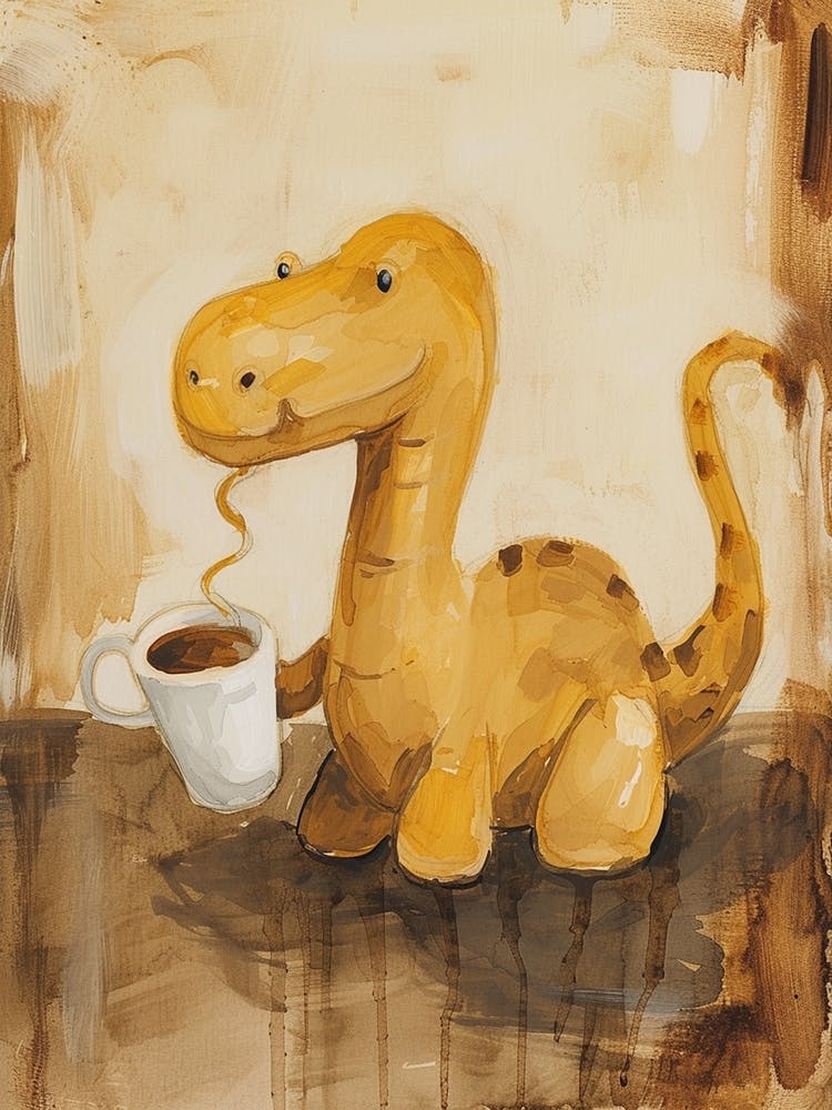 Mustard Dinosaur Drinking Coffee 1