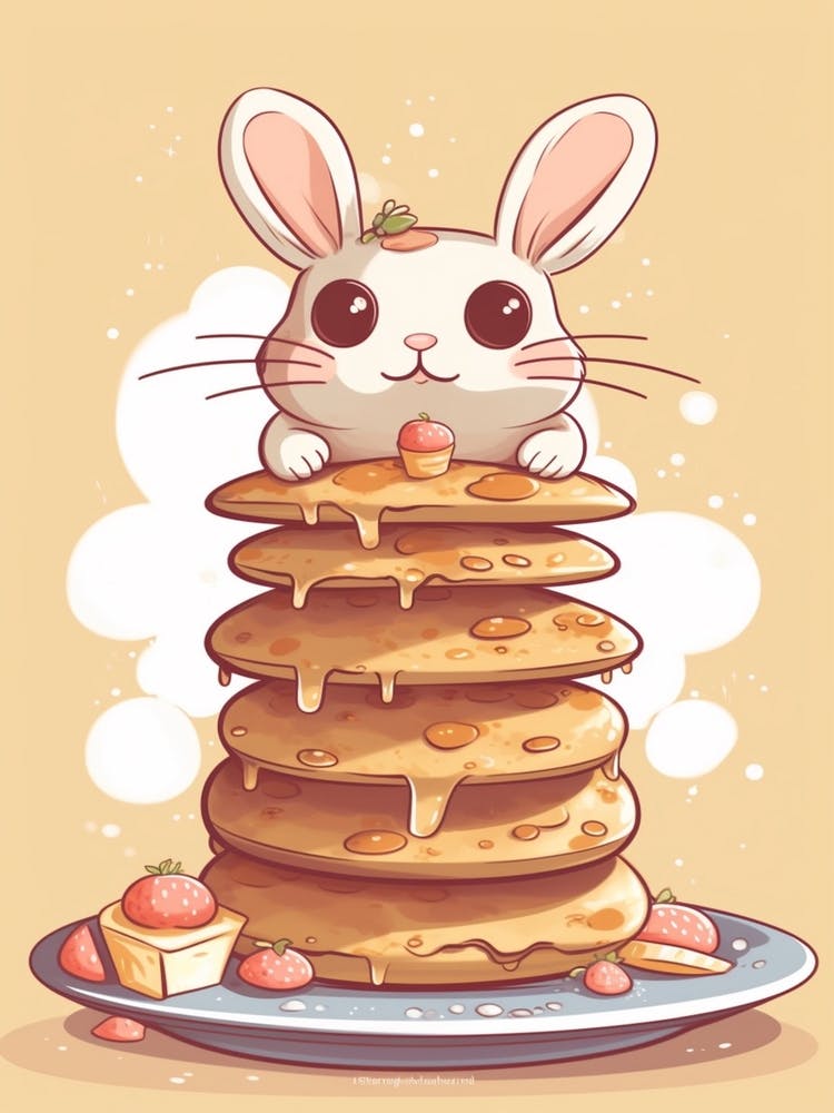 Bunny On A Stack Of Pancakes Kawaii Illustration  3
