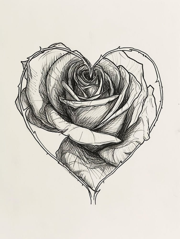 English Rose In A Heart Line Drawing 3