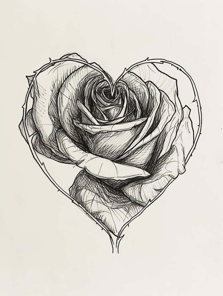 English Rose In A Heart Line Drawing 3