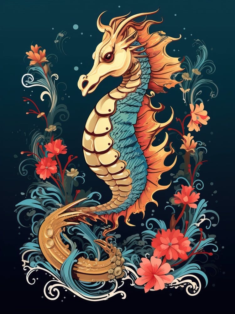 Seahorse Animal Drawing In The Style Of Ukiyo E 2