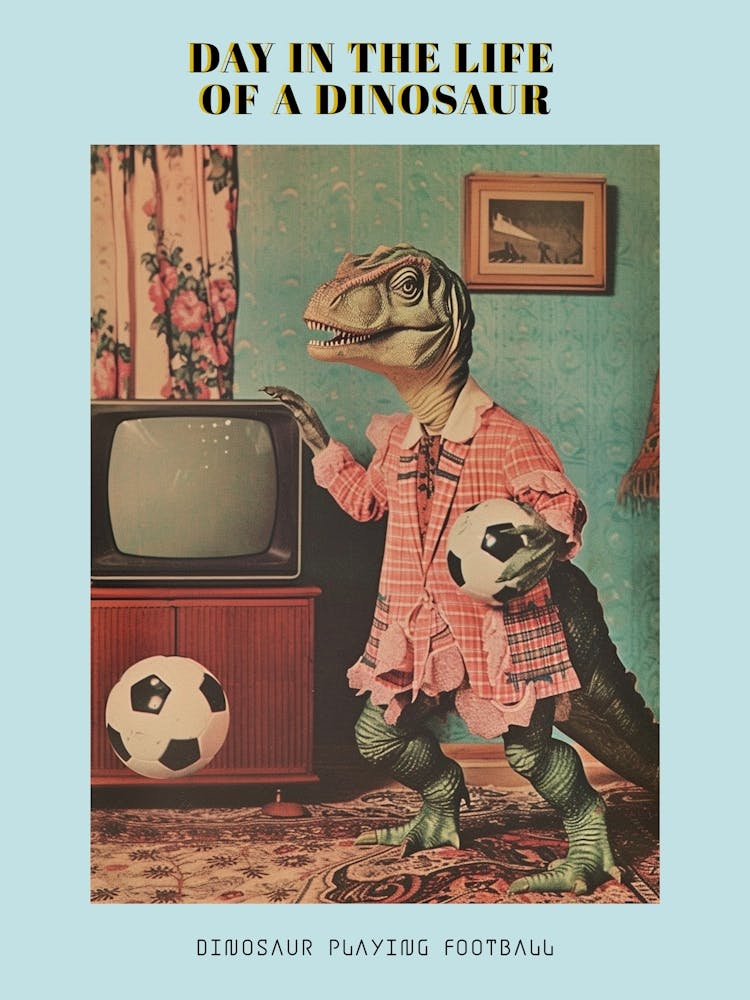 Dinosaur Playing Football Abstract Retro Collage 1 Poster