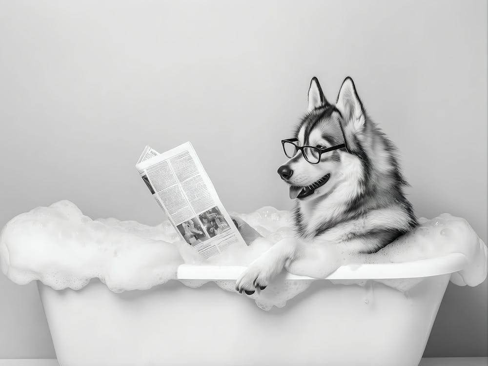 Siberian Husky In Bathtub Wall Art, Dog Reading Newspaper In Bubble Bath Poster, Black And White Print, Funny Wall Art, Bathroom Wall Decor