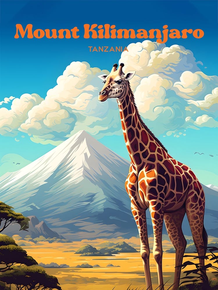 Mount Kilimanjaro Tanzania Wildlife Travel Art Illustration