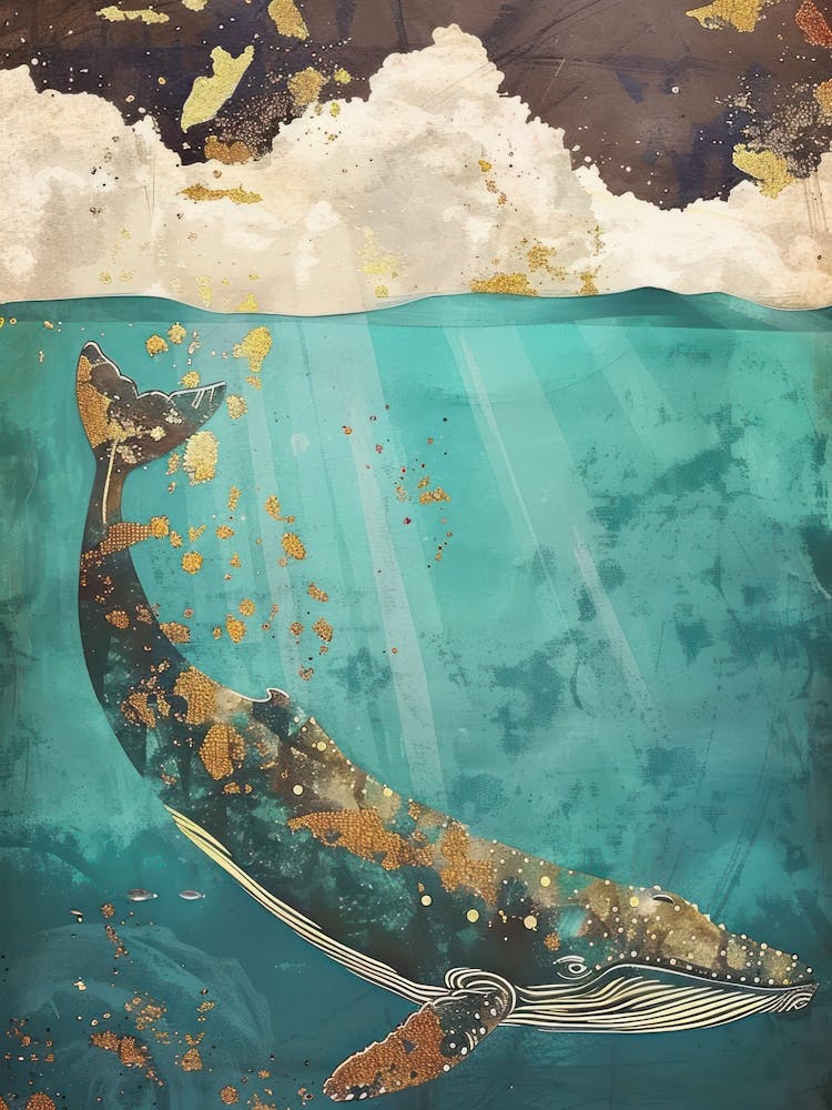 Whale Ocean Painting Gold Blue Effect Collage 4