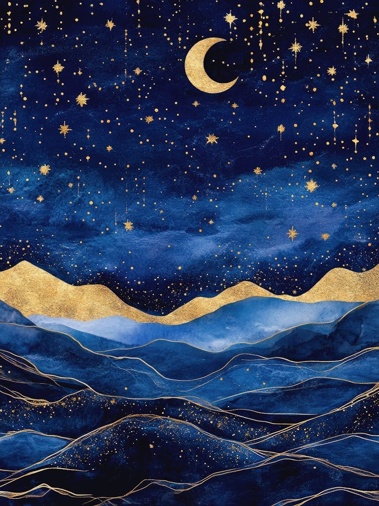 Celestial mountainscape at dusk – rich sapphire, twilight blue, gold leaf – dreamy luxe aesthetic – textured digital painting – Klimt meets dreamy minimalism – fantasy abstract art – perfect for living rooms, yoga rooms, or starry-themed interiors