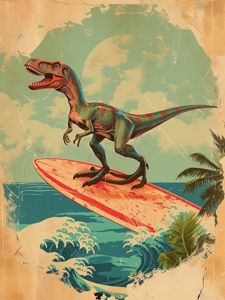 Vintage Deinonychus Dinosaur On A Surf Board   1