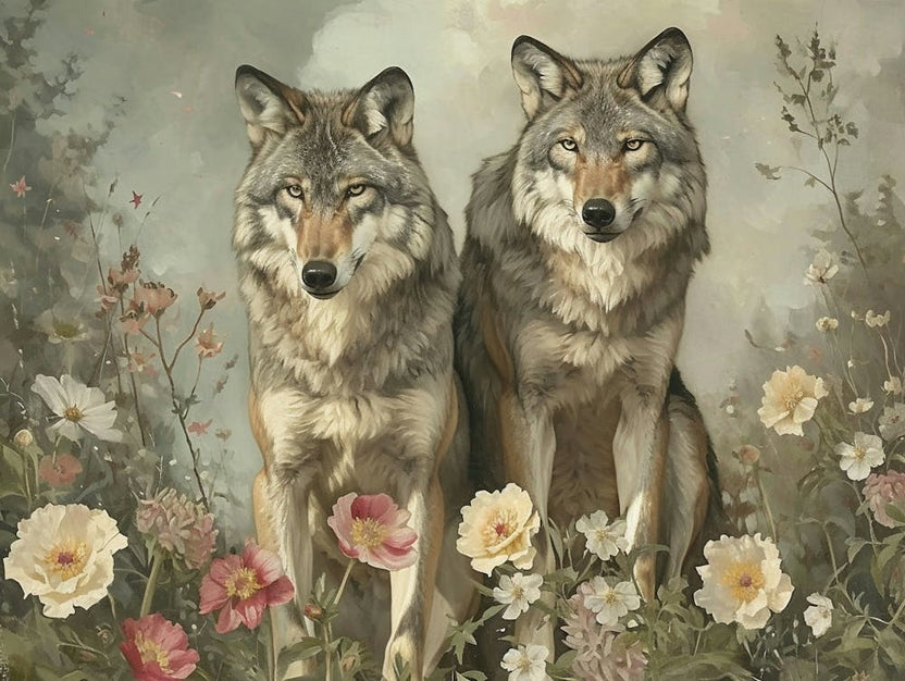 Floral Animal Illustration Timber Wolf 2