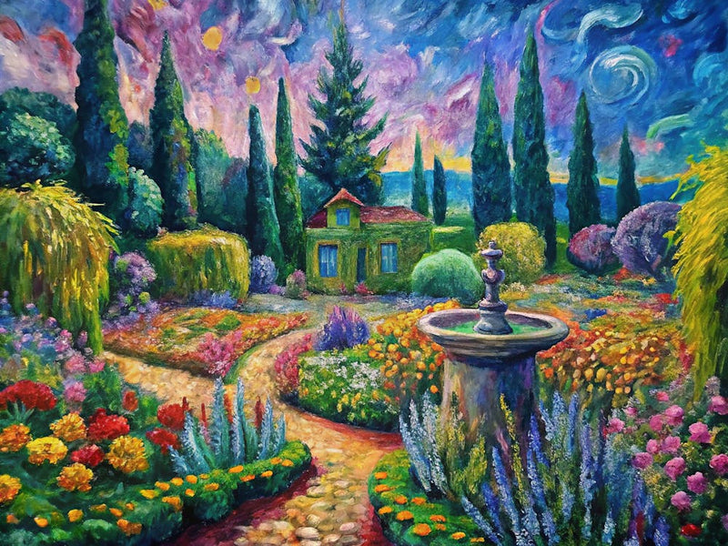 Van Gogh A Colorful Garden With A Small Fountain
