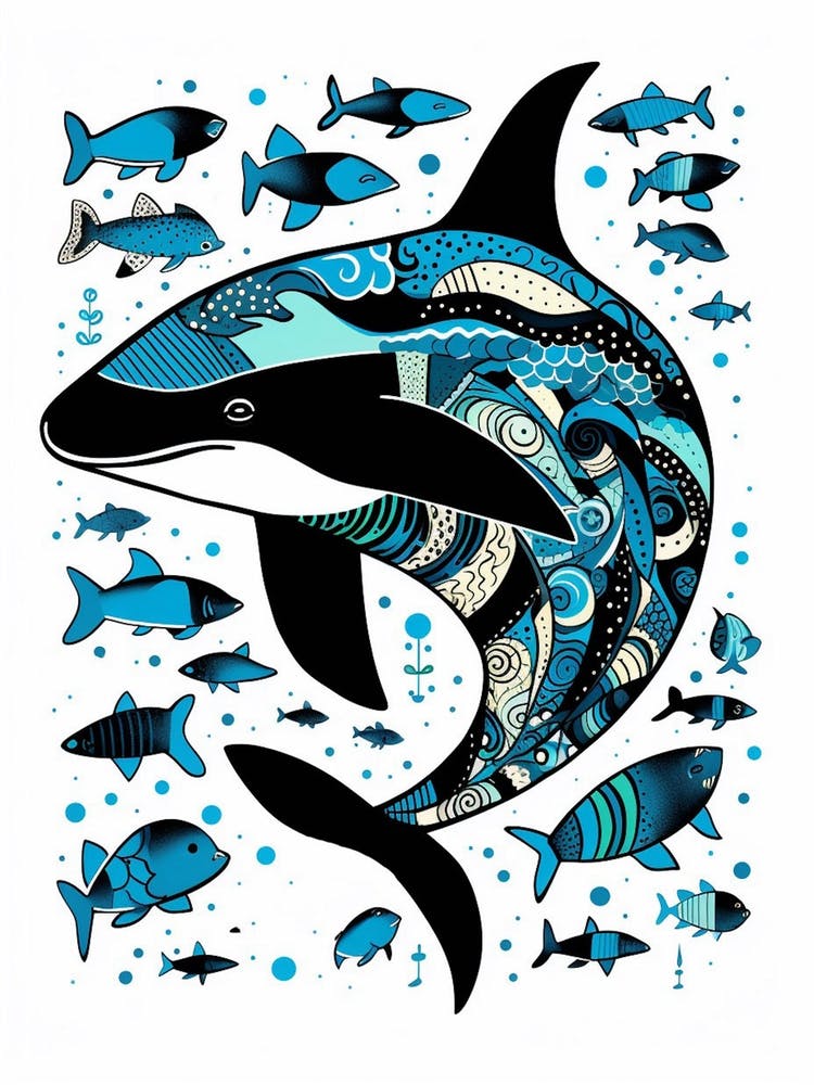 Orca Whale Pattern With Fish Blue 1