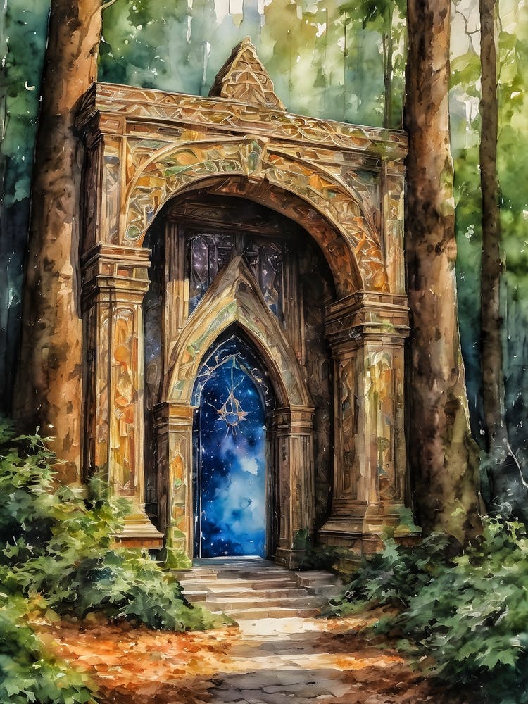 Elfenportal ~ Magisches Sternentor im Wald ~ Märchenhafter Aquarellwald