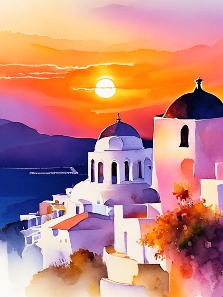 Santorini Greece Water Colour Sunset