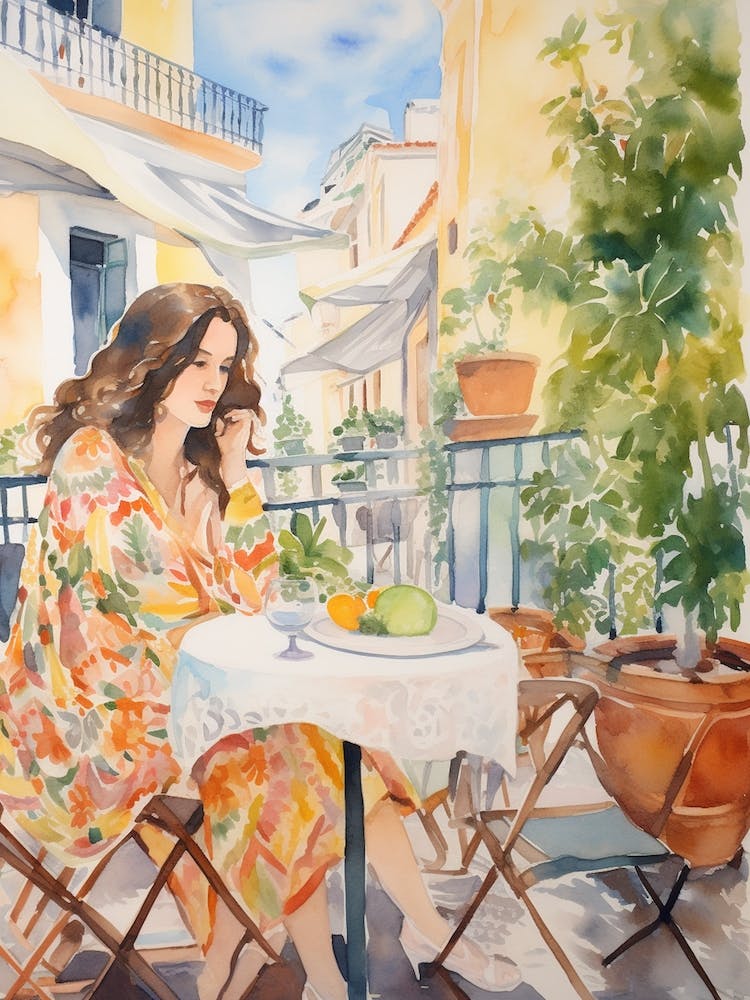 At A Cafe In Lisbon Portugal Watercolour