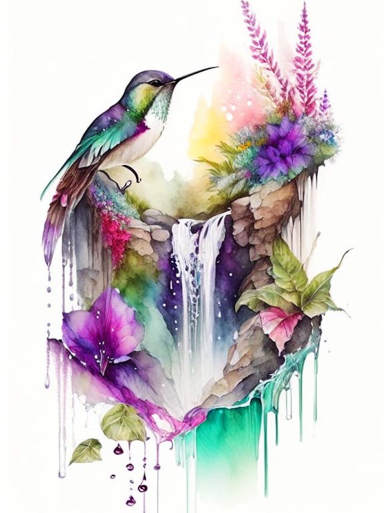 Hummingbird And Waterfall Cute Neon