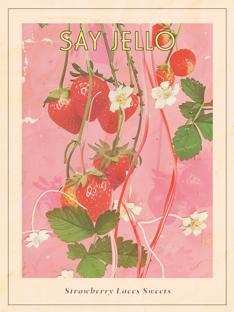 Bonbons Lacets Fraise Collage Rétro 1 Affiche
