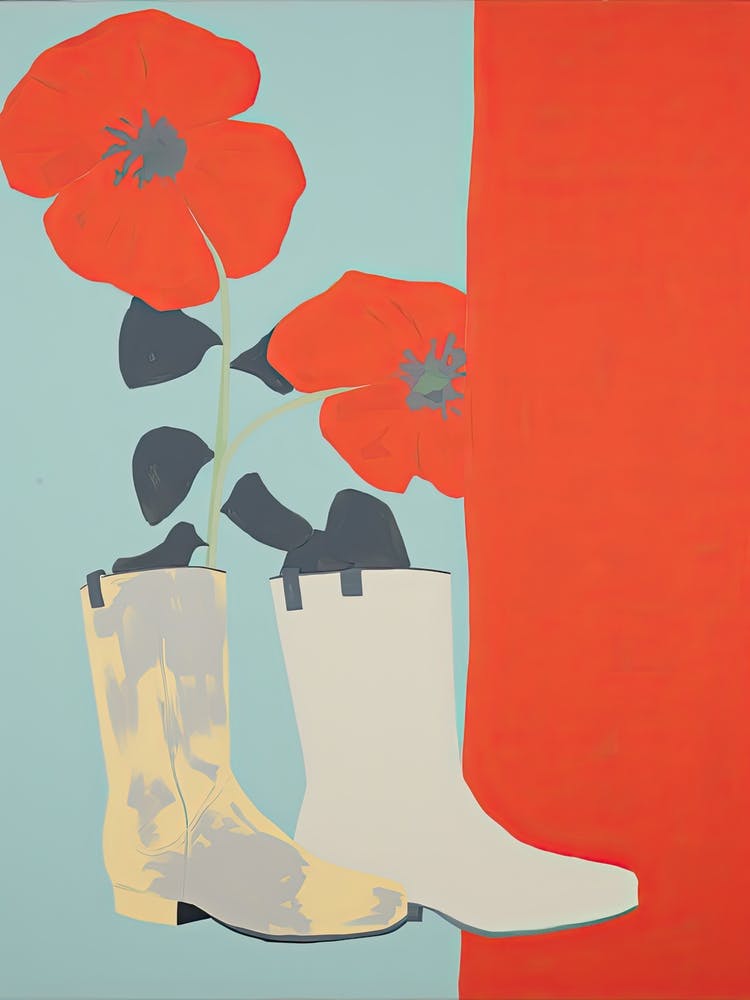 A Painting Of Cowboy Boots With Red Flowers, Pop Art Style 7