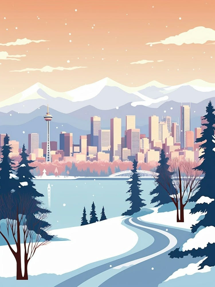 Vintage Winter Travel Illustration Vancouver Canada 1