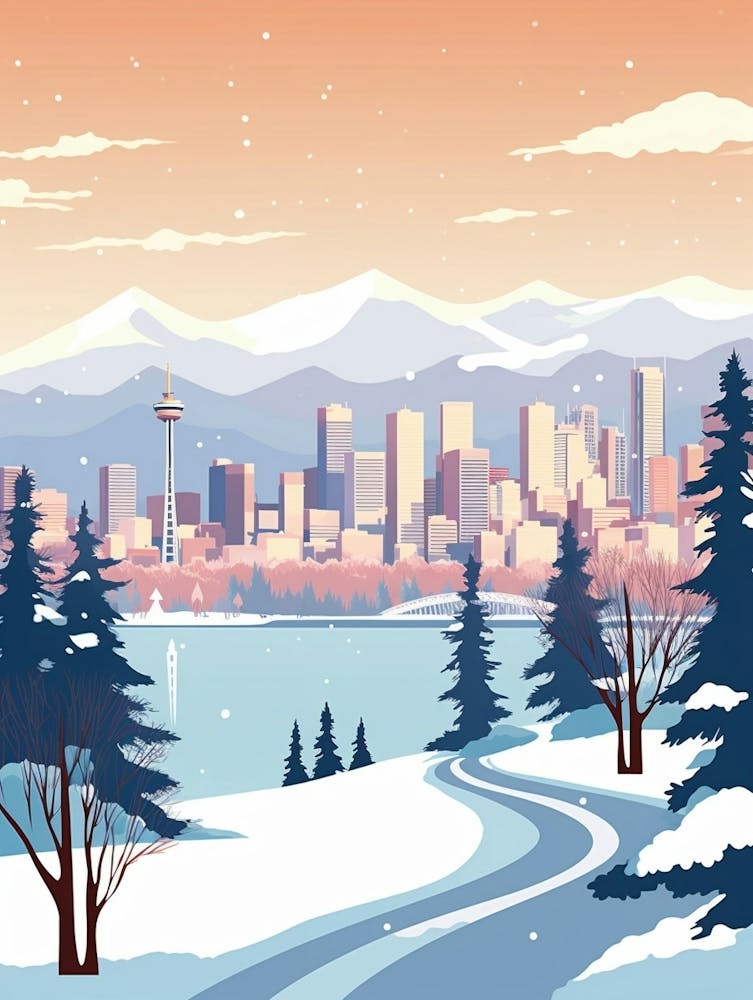 Vintage Winter Travel Illustration Vancouver Canada 1