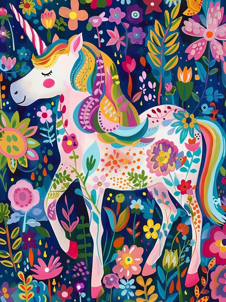 Folky Floral Colourful Unicorn Portrait