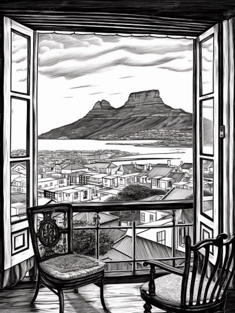 A Window View Of Cape Town In The Style Of Black And White  Line Art 2