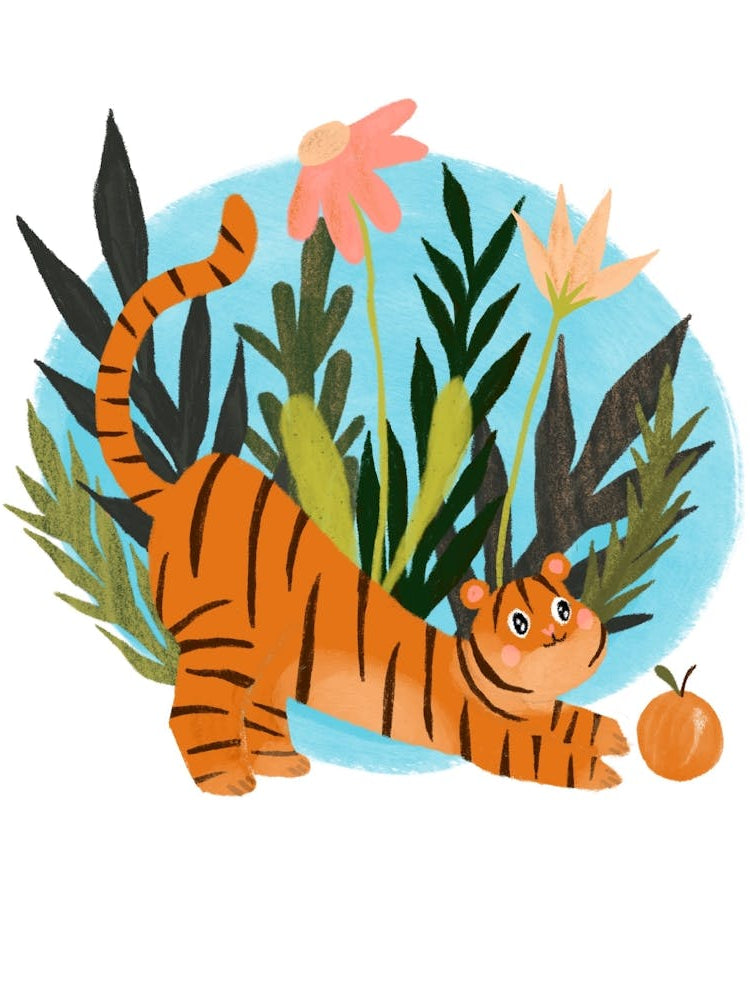 Cute Pouncing Tiger With Flowers