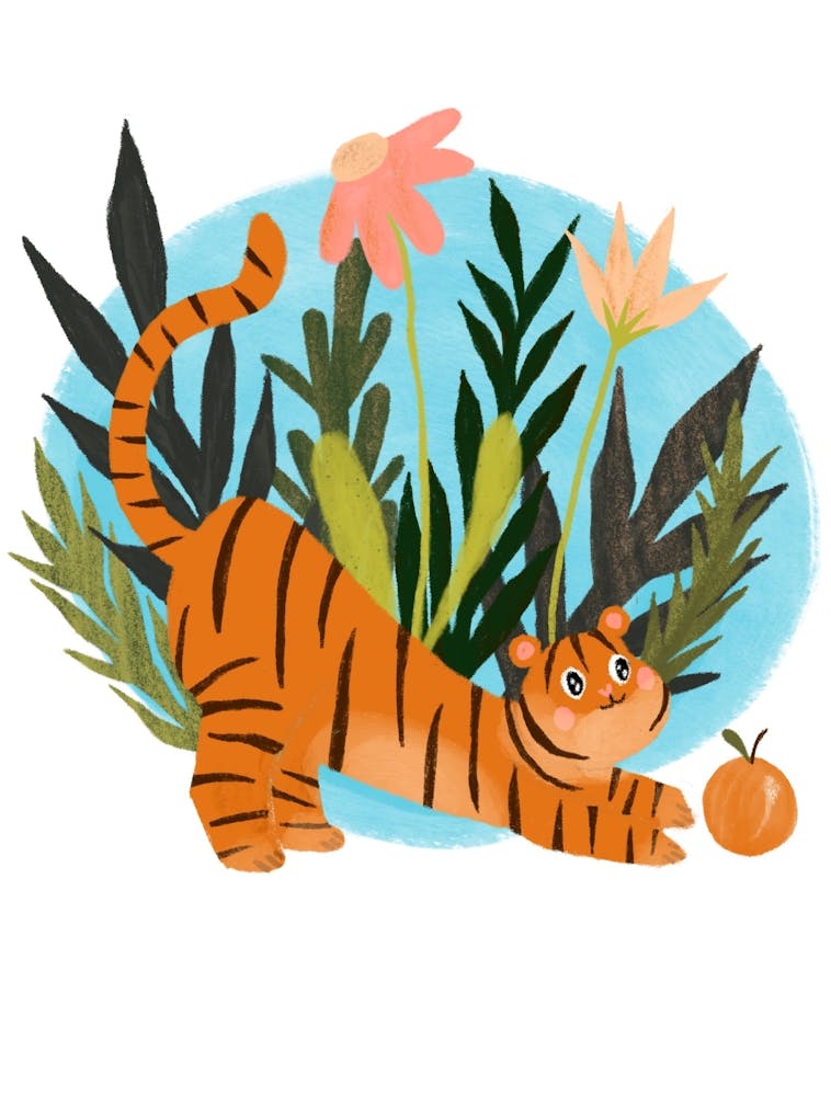 Cute Pouncing Tiger With Flowers