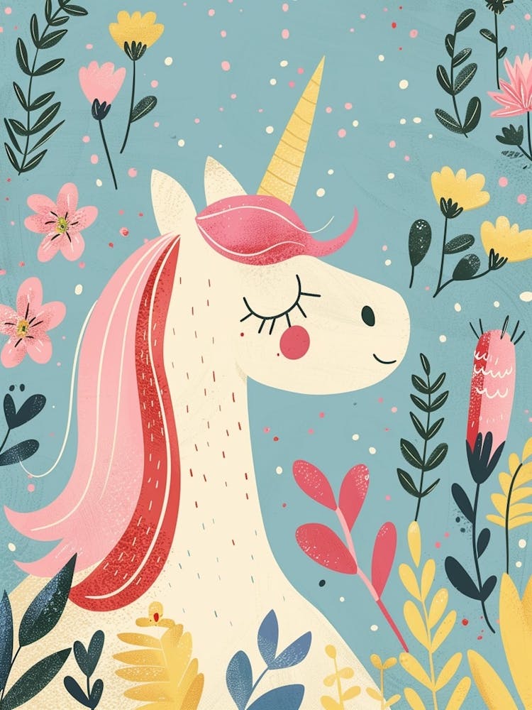 Storybook Style Unicorn & Flowers Pastel 3