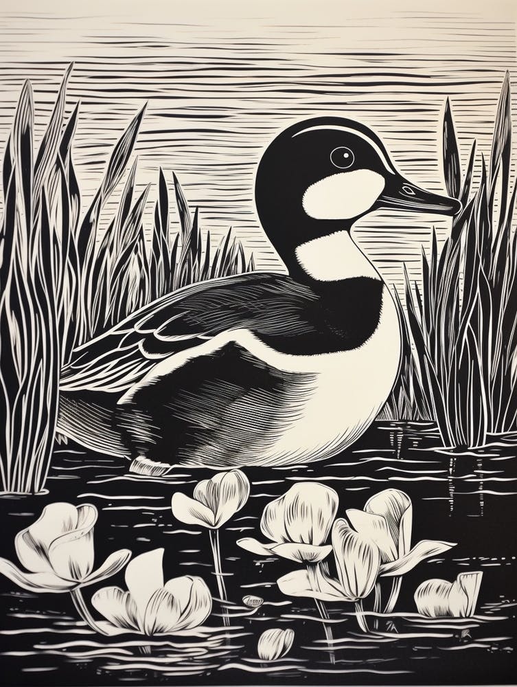 B&W Bird Linocut Bufflehead 3