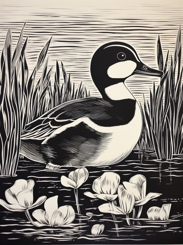 B&W Bird Linocut Bufflehead 3