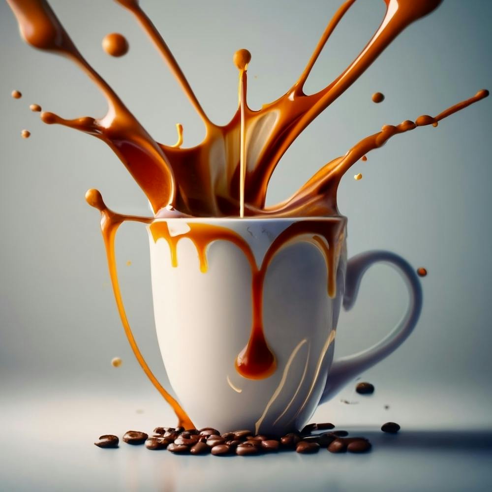COFFEE TIME - showcasing splashes of coffee beans including caramel, vanilla-flavored, foam, steam, syrup.