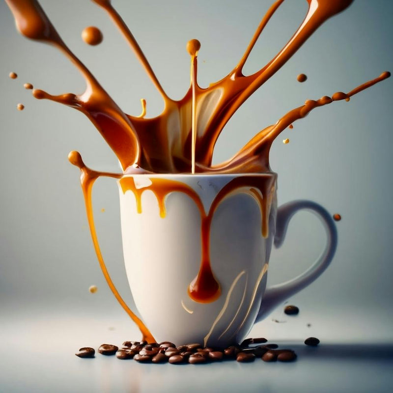 COFFEE TIME - showcasing splashes of coffee beans including caramel, vanilla-flavored, foam, steam, syrup.