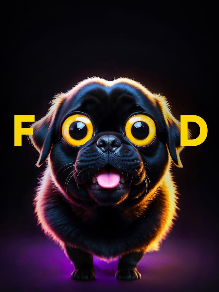 Hungry Food Pug Dog: A hungry black pug dog with big puppy eyes pleads for 'food' — a cute puppy moment immortalized in creative typography.