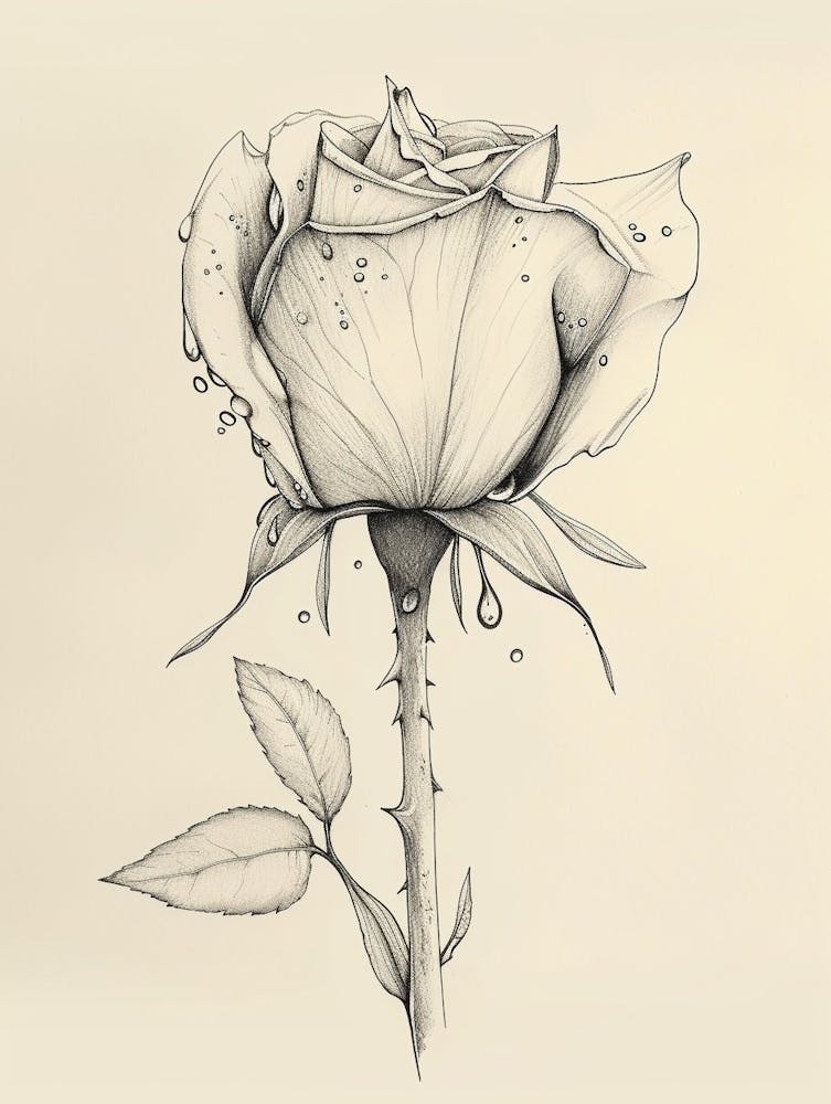English Rose Dew Line Drawing 2