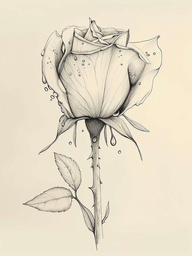 English Rose Dew Line Drawing 2