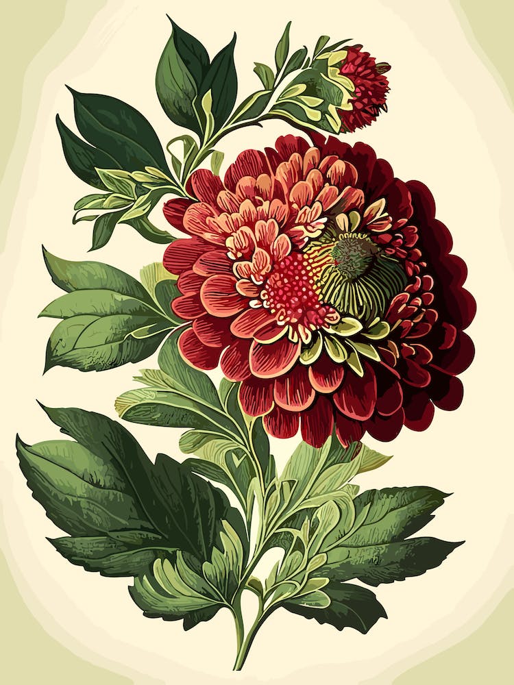 Zinnia Wildflower Vintage Botanical 1