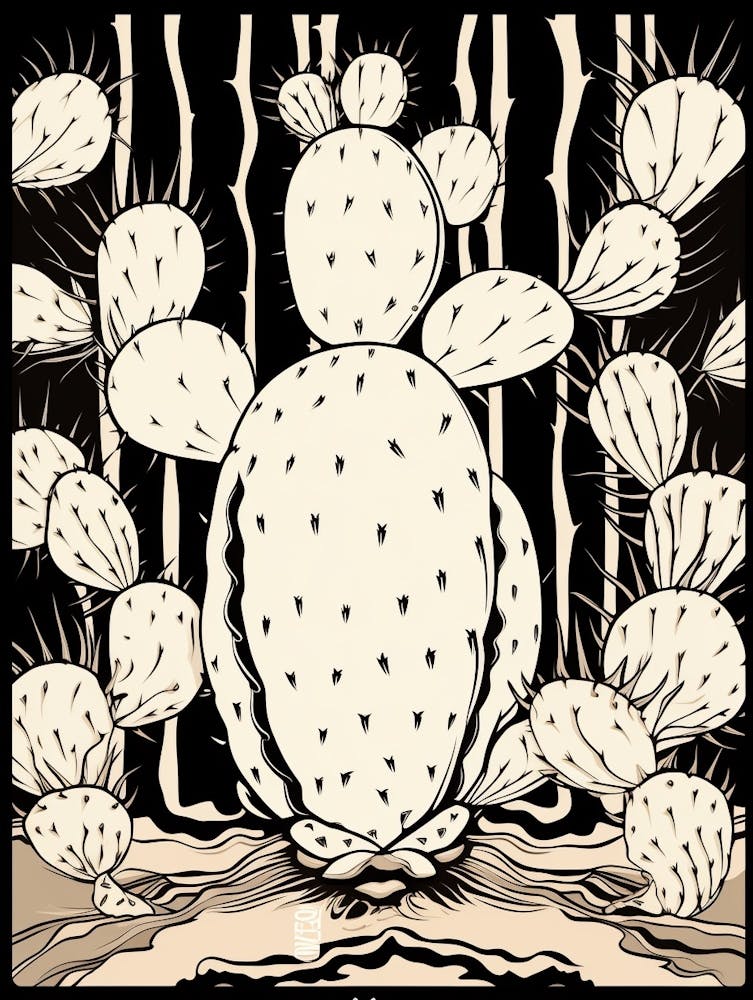 B&W Cactus Illustration Opuntia Fragilis 2