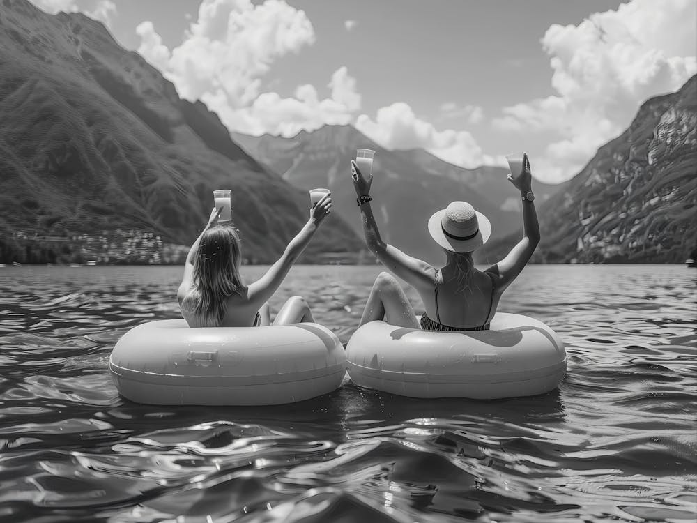 Women Drinking On Lake Wall Art, Friends Drinking Cocktails On Floaties Print, Black And White Art, Vintage Poster, Ocean Print, Lake Decor