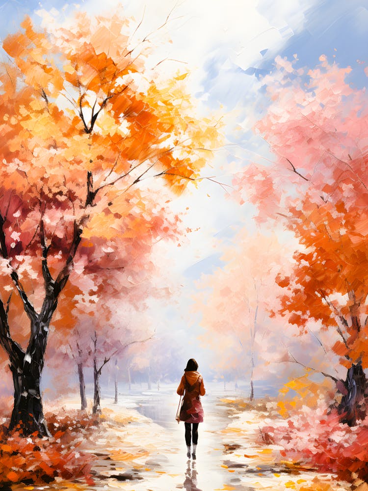 Autumn Stroll Painting Woman Walking In Fall Forest, Impressionist Oil Art On Canvas