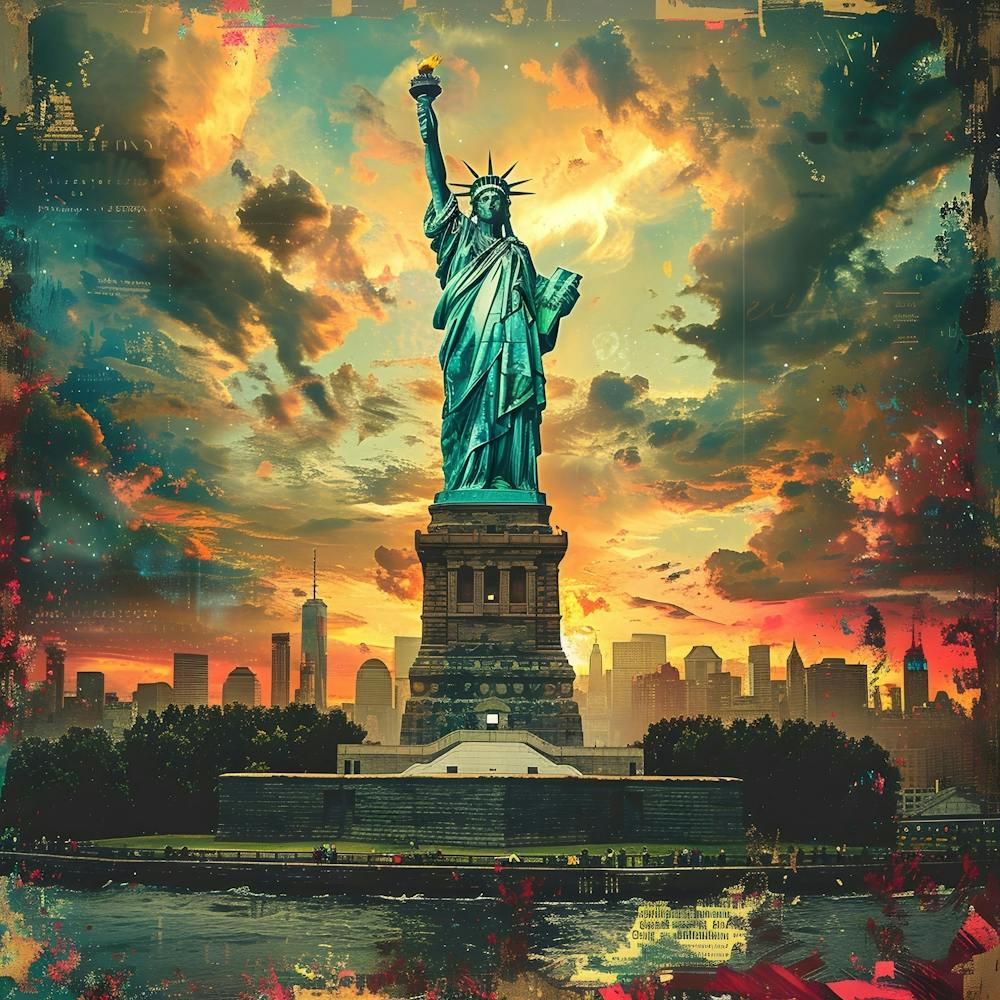 Statue Of Liberty At Sunset, retro collage