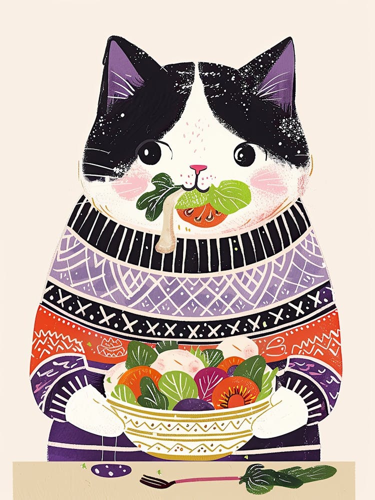 Black And White Cat Eating Salad Folk Illustration 1
