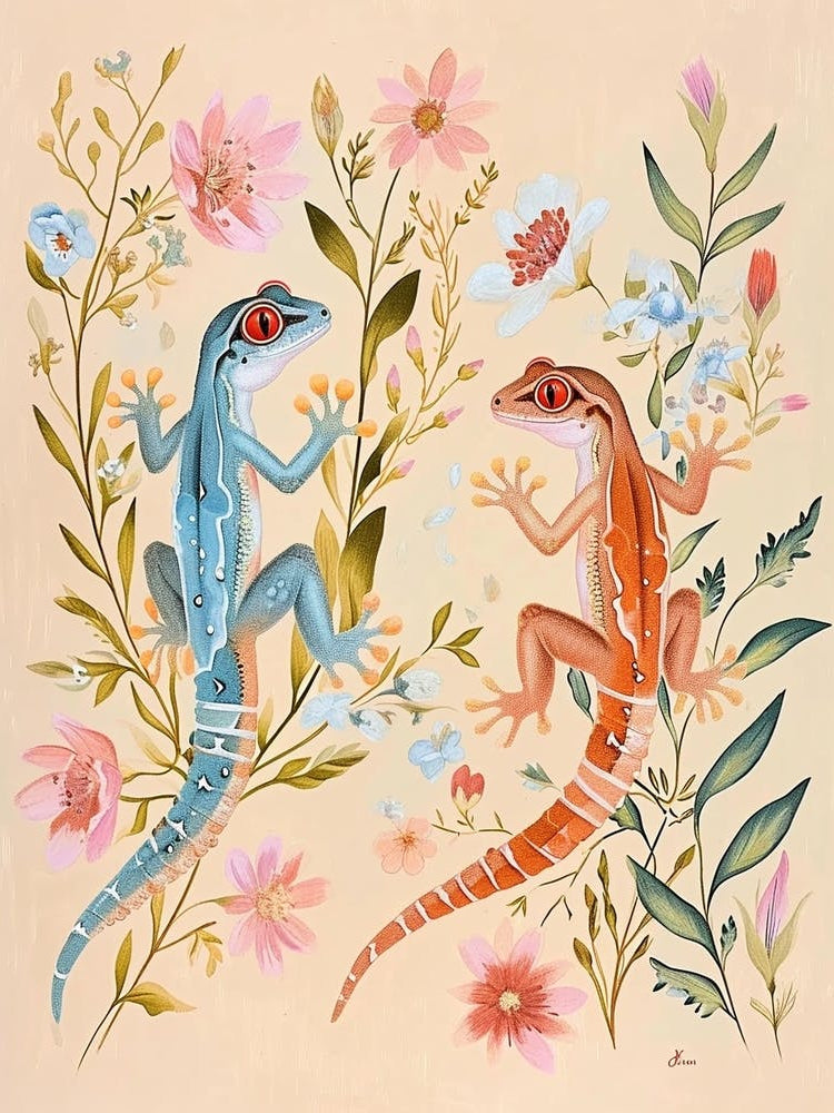 Folksy Floral Animal Drawing Gecko