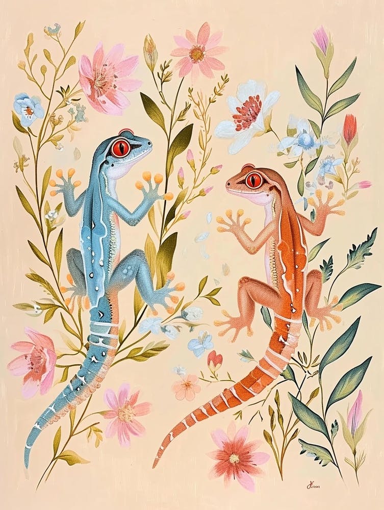Folksy Floral Animal Drawing Gecko