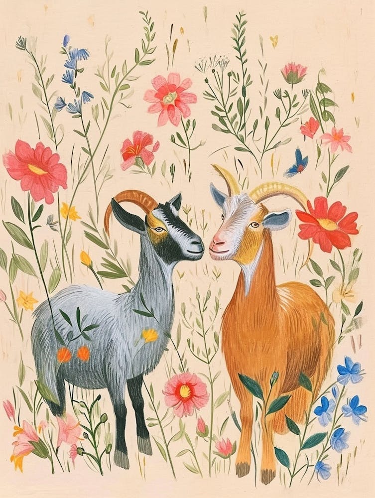 Folksy Floral Animal Drawing Goat 4