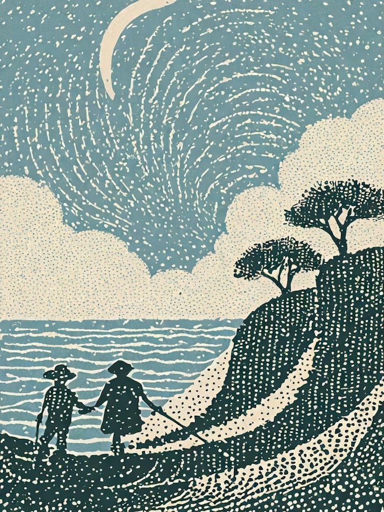An Ancient Folklore Tale Of Fishermens linocut