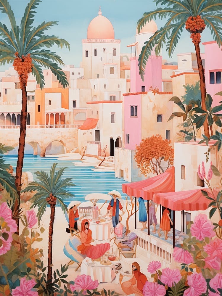 Hammamet Tunisia 1 Vintage Pink Travel Illustration