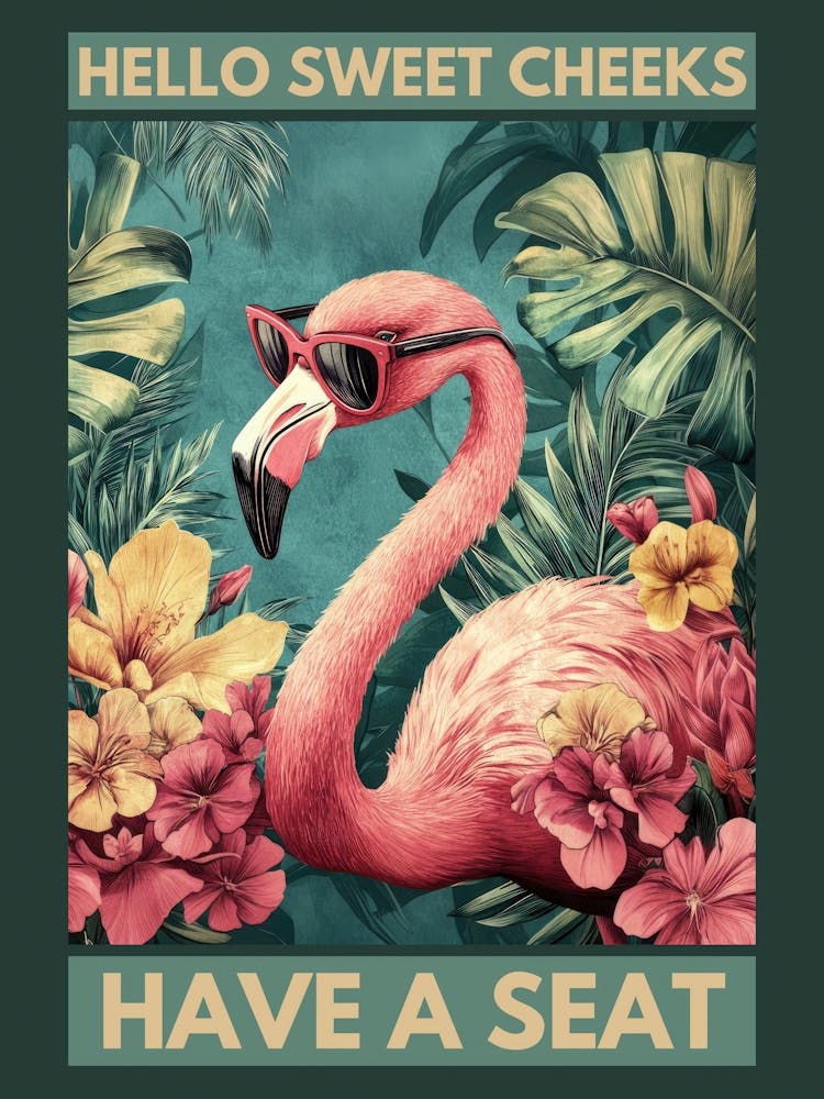 hello sweet cheeks have a seat Funny flamingo bathroom artwork in a playful kitsch aesthetic, colorful illustration in the style of 50s retro pop perfect for powder rooms, quirky spaces 2