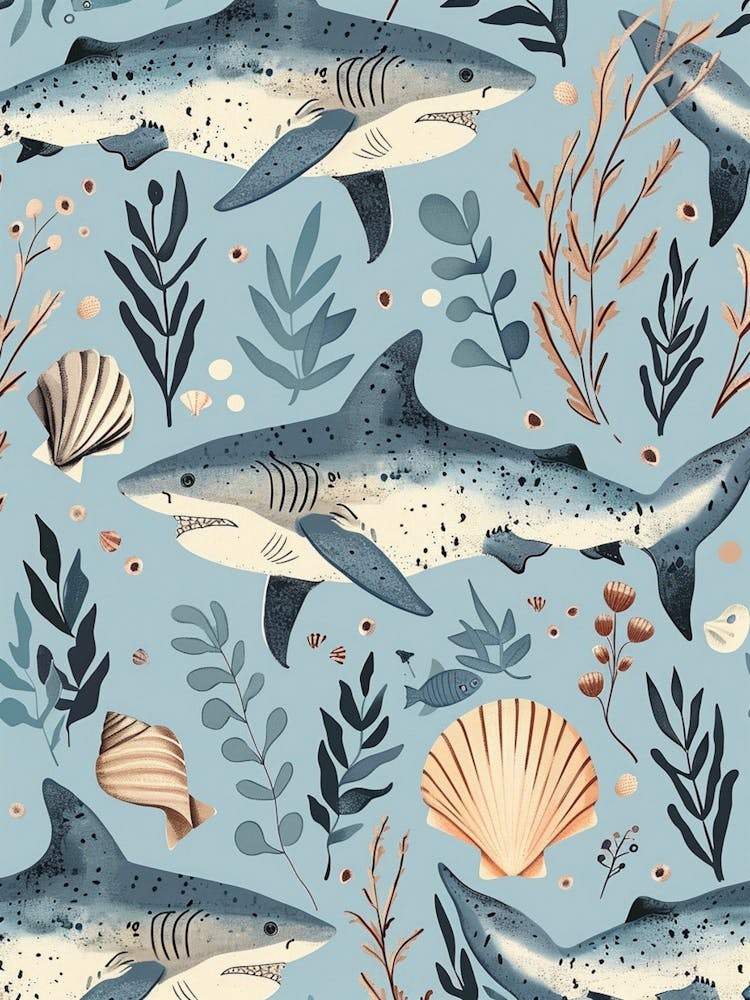 Pastel Blue Nurse Shark Watercolour Seascape Pattern 1